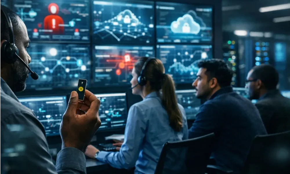 Security team monitoring cyber threats in a modern control room