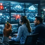 Security team monitoring cyber threats in a modern control room