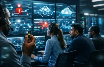 Security team monitoring cyber threats in a modern control room