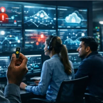 Security team monitoring cyber threats in a modern control room