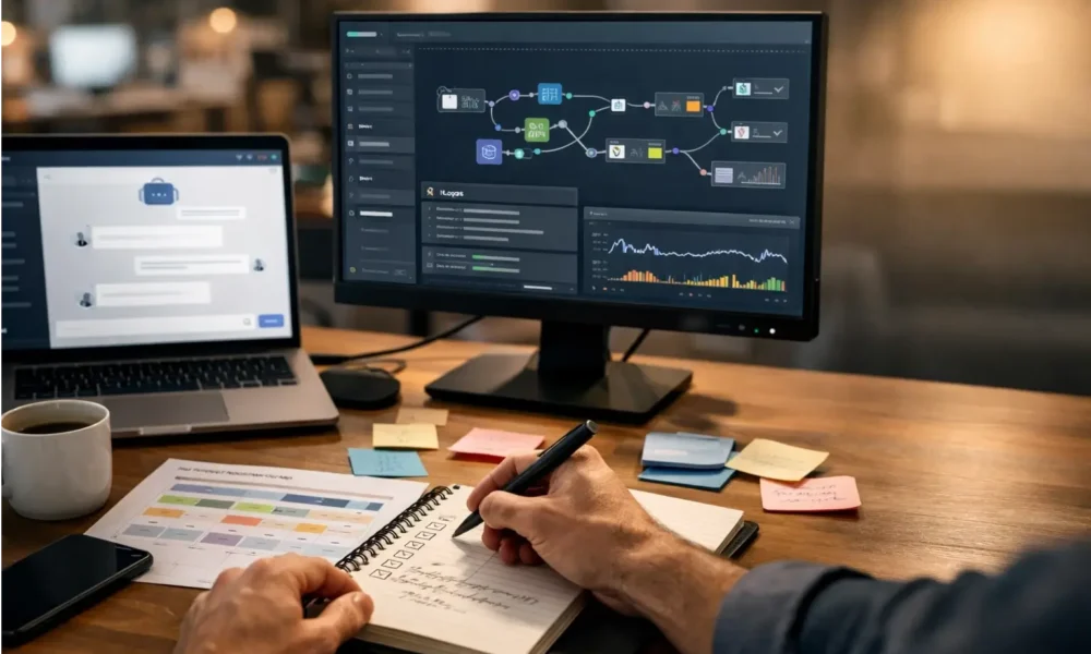 AI startup desk showing chat UI and workflow automation tools