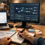 AI startup desk showing chat UI and workflow automation tools