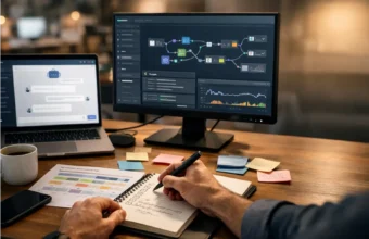 AI startup desk showing chat UI and workflow automation tools