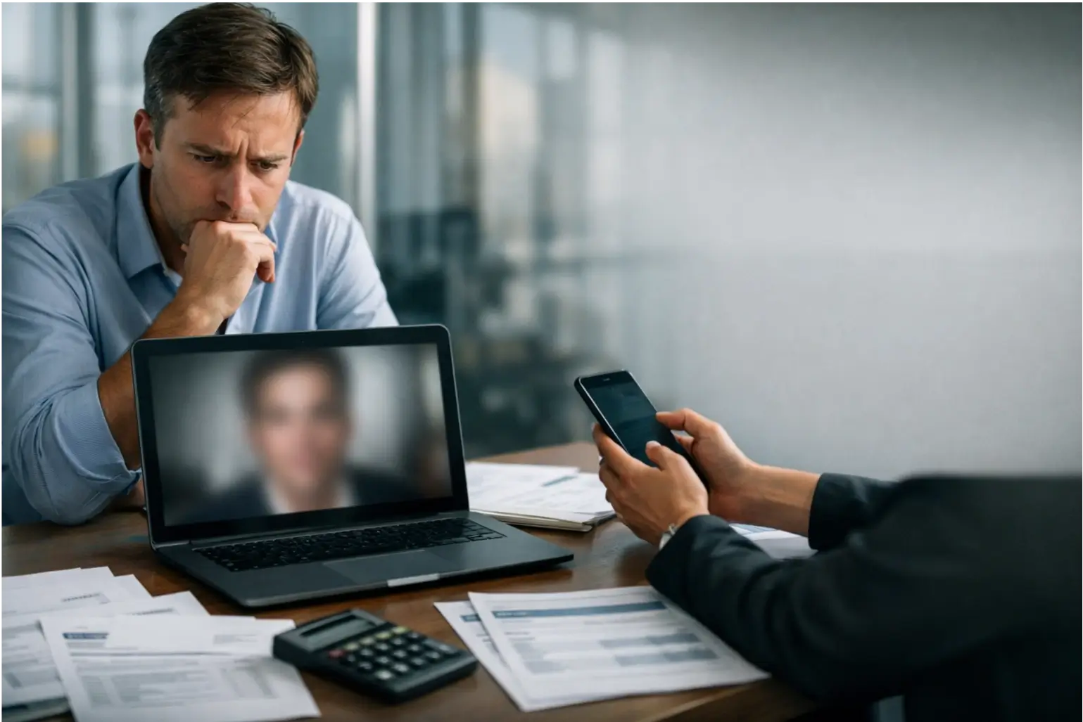 An employee checks a video call while verifying a payment request.