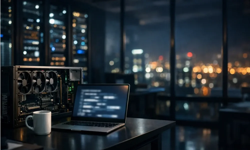 A modern AI lab with GPU servers and glowing server racks at night.