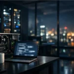 A modern AI lab with GPU servers and glowing server racks at night.