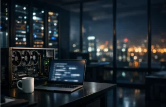 A modern AI lab with GPU servers and glowing server racks at night.