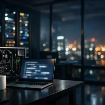 A modern AI lab with GPU servers and glowing server racks at night.