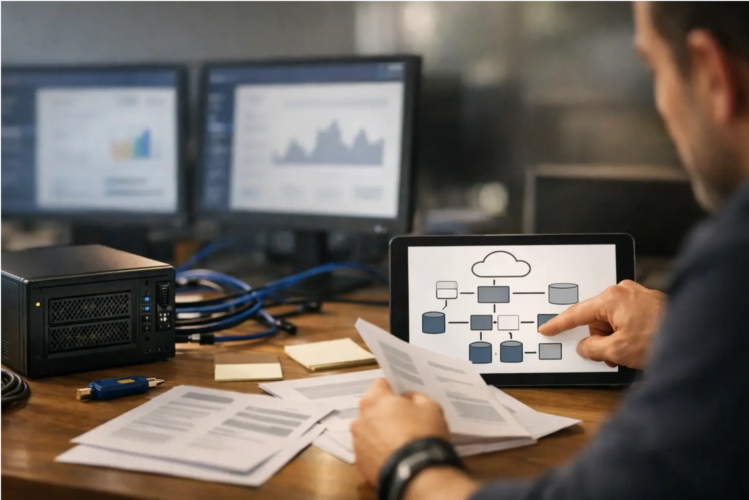 A team planning secure AI deployment with on-prem servers and monitors.