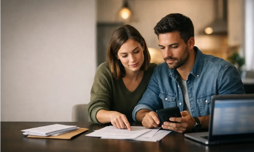 First-time buyers reviewing down payment help paperwork at home