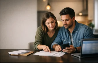 First-time buyers reviewing down payment help paperwork at home