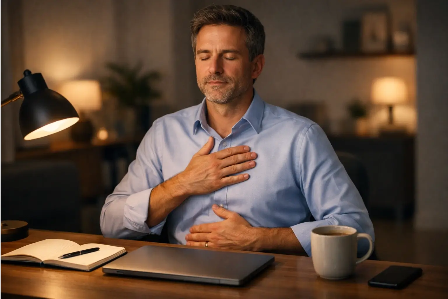 Person doing slow breathing at a desk in the evening