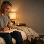 Person journaling on a bed during a calm night routine