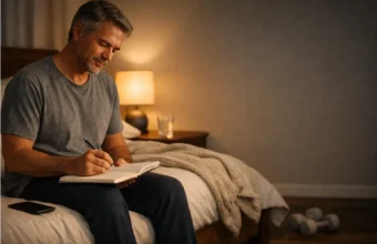 Person journaling on a bed during a calm night routine