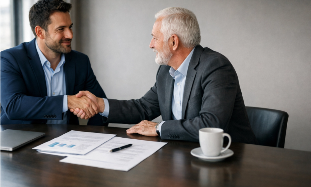Buyer and seller shaking hands after agreeing to sell a small business