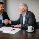 Buyer and seller shaking hands after agreeing to sell a small business