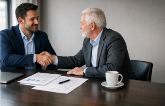 Buyer and seller shaking hands after agreeing to sell a small business