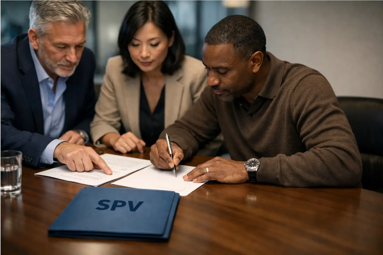 Investors reviewing a term sheet in a co-investment meeting