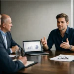 Startup founder pitching to family office investors in a meeting