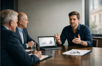 Startup founder pitching to family office investors in a meeting