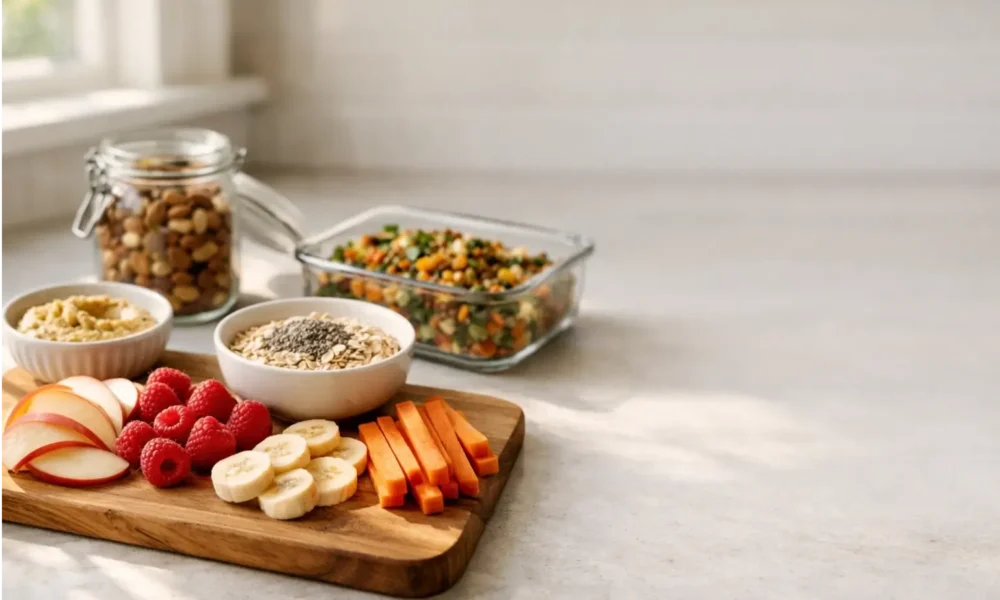 High-fiber foods on a kitchen counter for a full day of meals