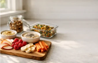 High-fiber foods on a kitchen counter for a full day of meals