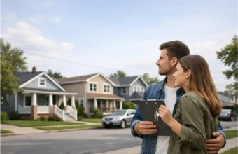 First-time home buyers standing in an affordable US neighborhood