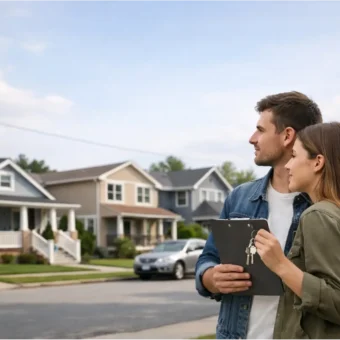 First-time home buyers standing in an affordable US neighborhood