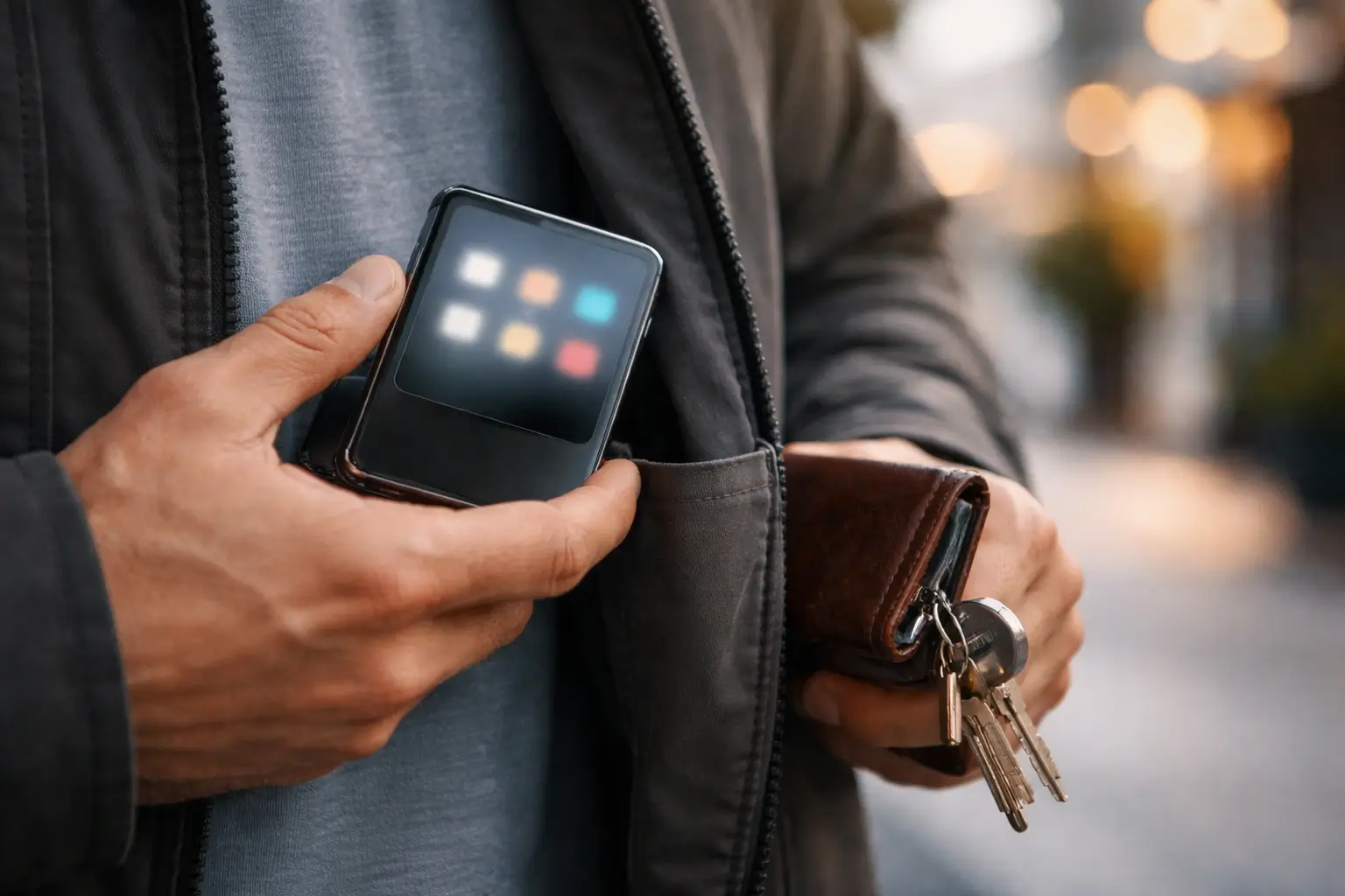 Person holding a flip foldable phone in a street setting.