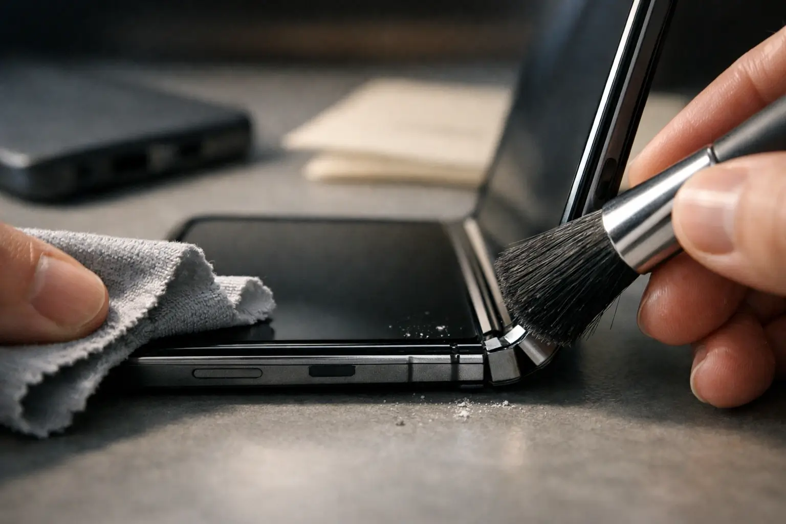 Close-up of a foldable phone hinge being cleaned.