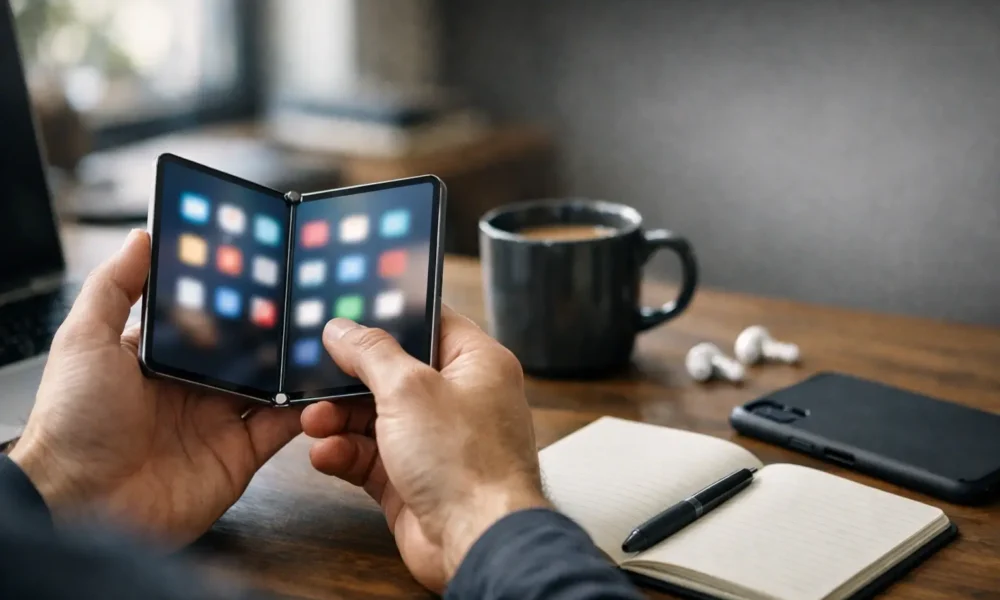 Person using a foldable phone open like a mini tablet.