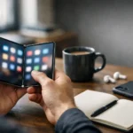 Person using a foldable phone open like a mini tablet.