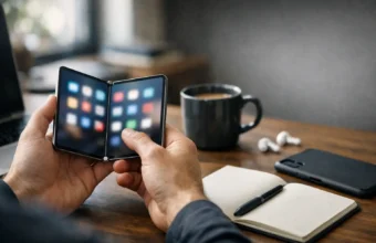 Person using a foldable phone open like a mini tablet.