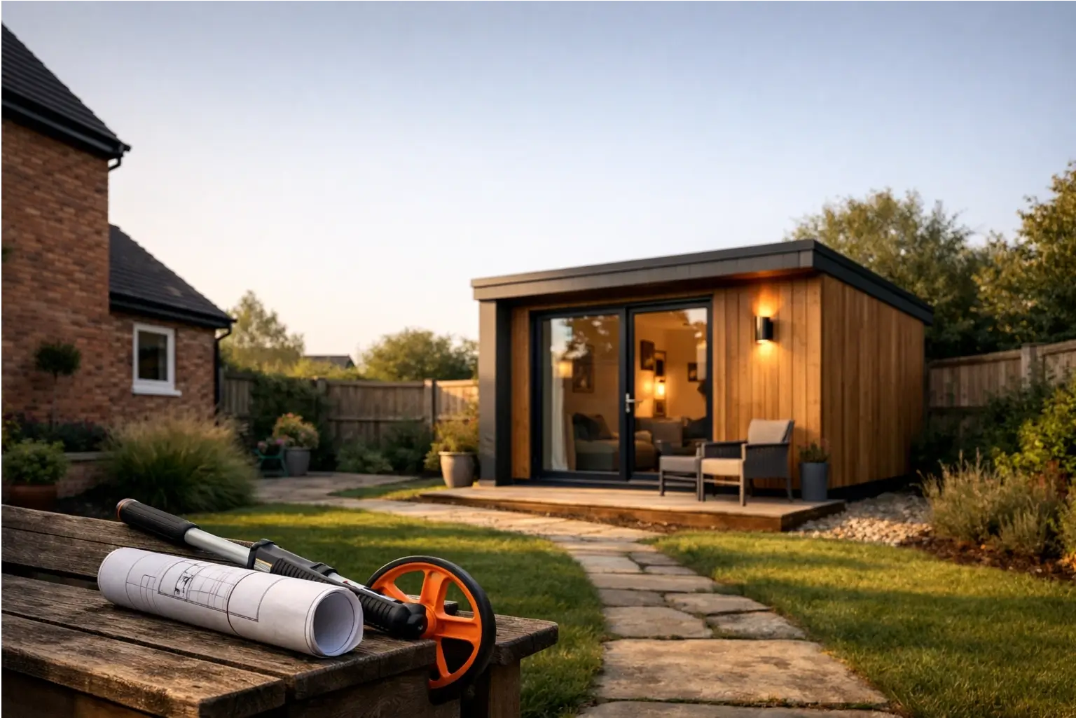 A granny pod in a UK back garden next to a house