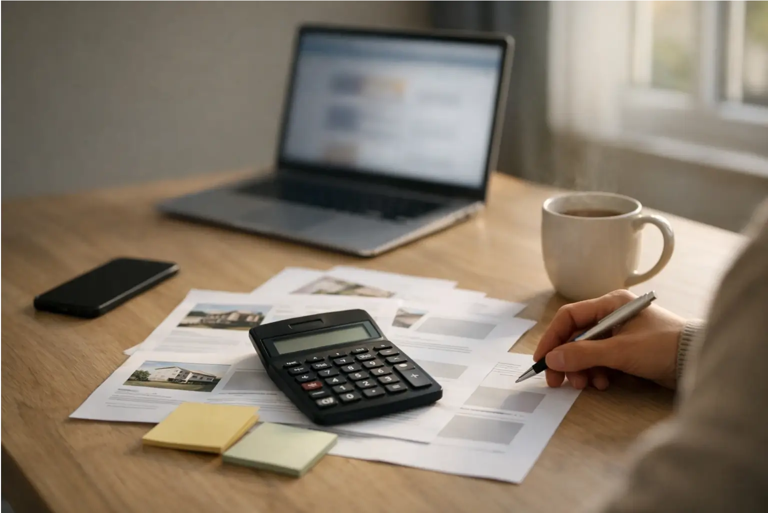 Tenant comparing rental listings and costs at a kitchen table