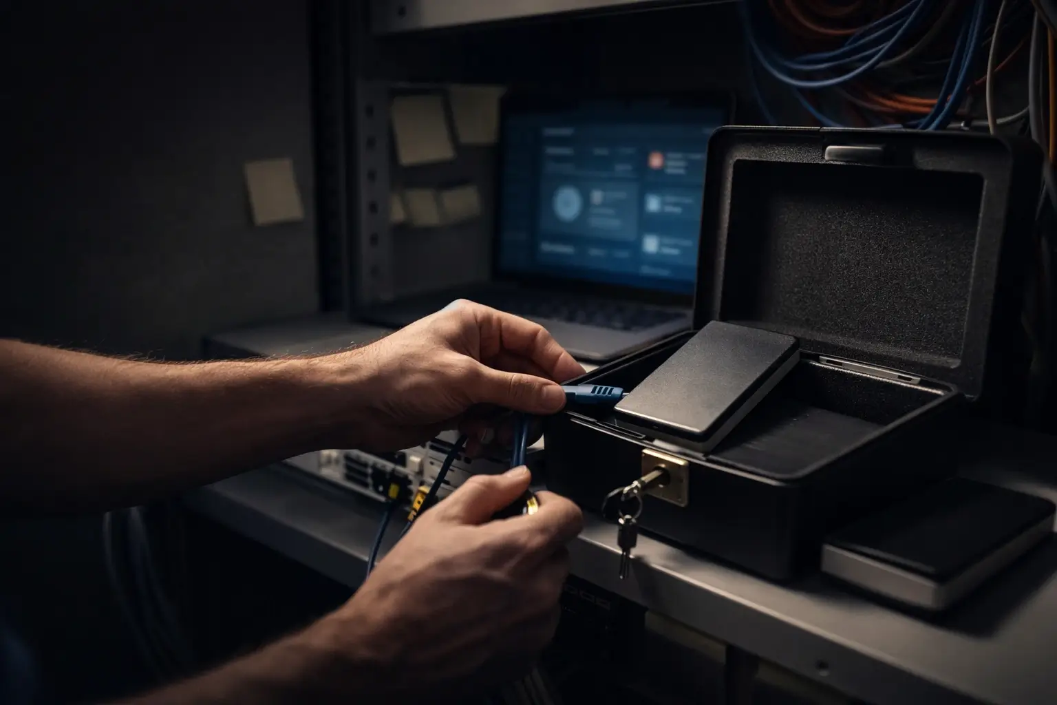 Hands putting an external backup drive in a lockbox for safety