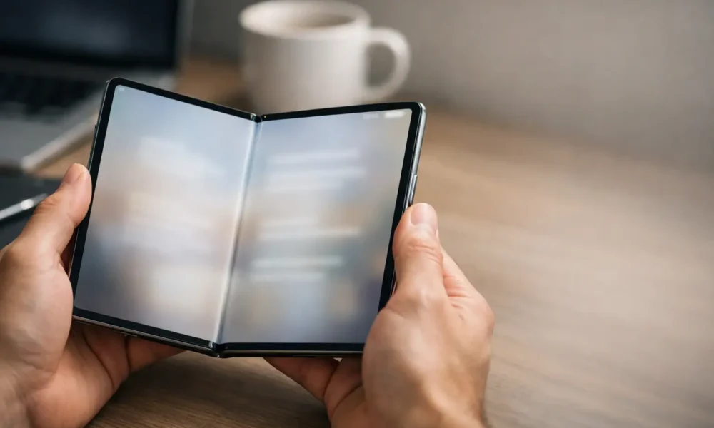 Person holding an open foldable phone on a clean desk