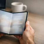 Person holding an open foldable phone on a clean desk