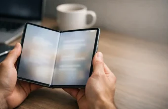 Person holding an open foldable phone on a clean desk