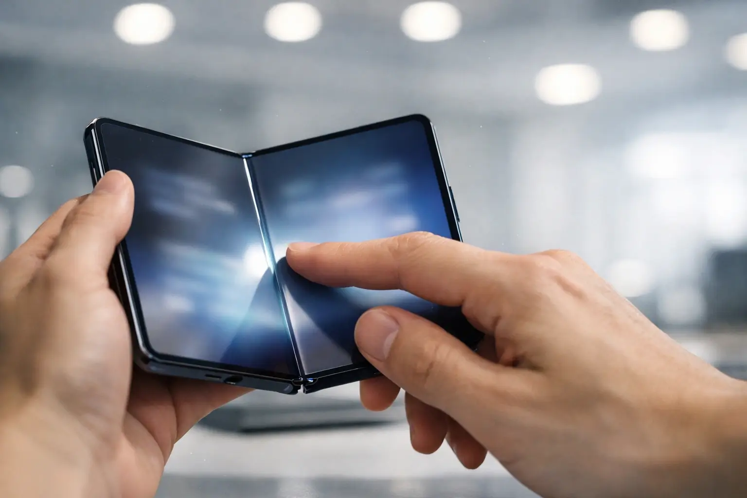 Close-up of a foldable phone being opened under bright lights