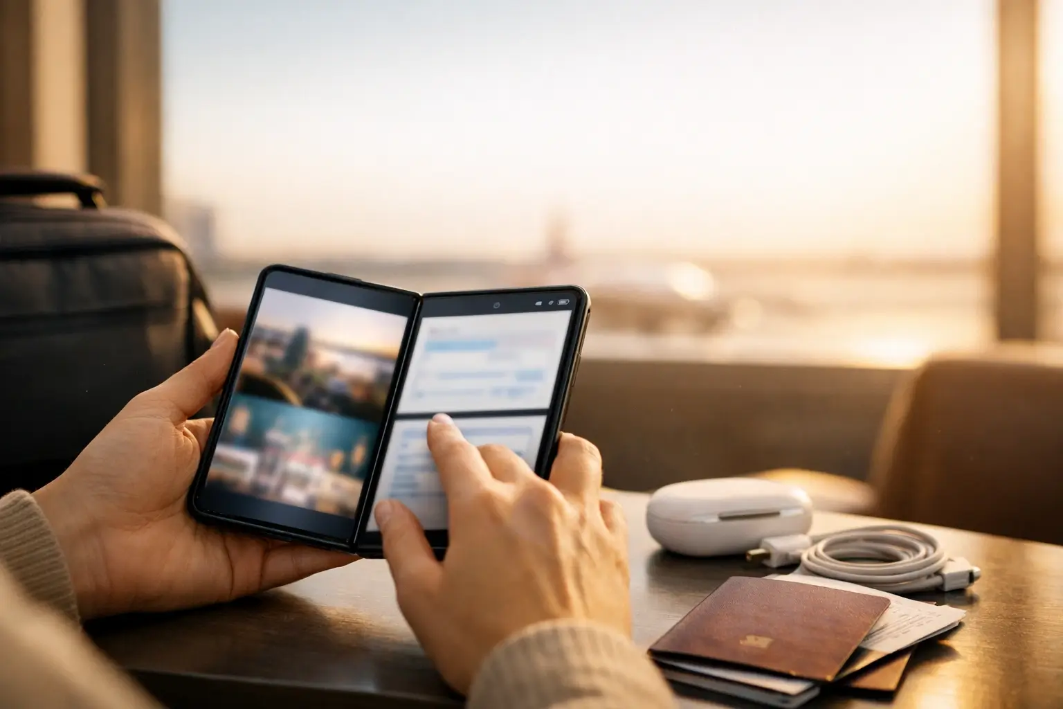 Traveler using a foldable phone in an airport lounge