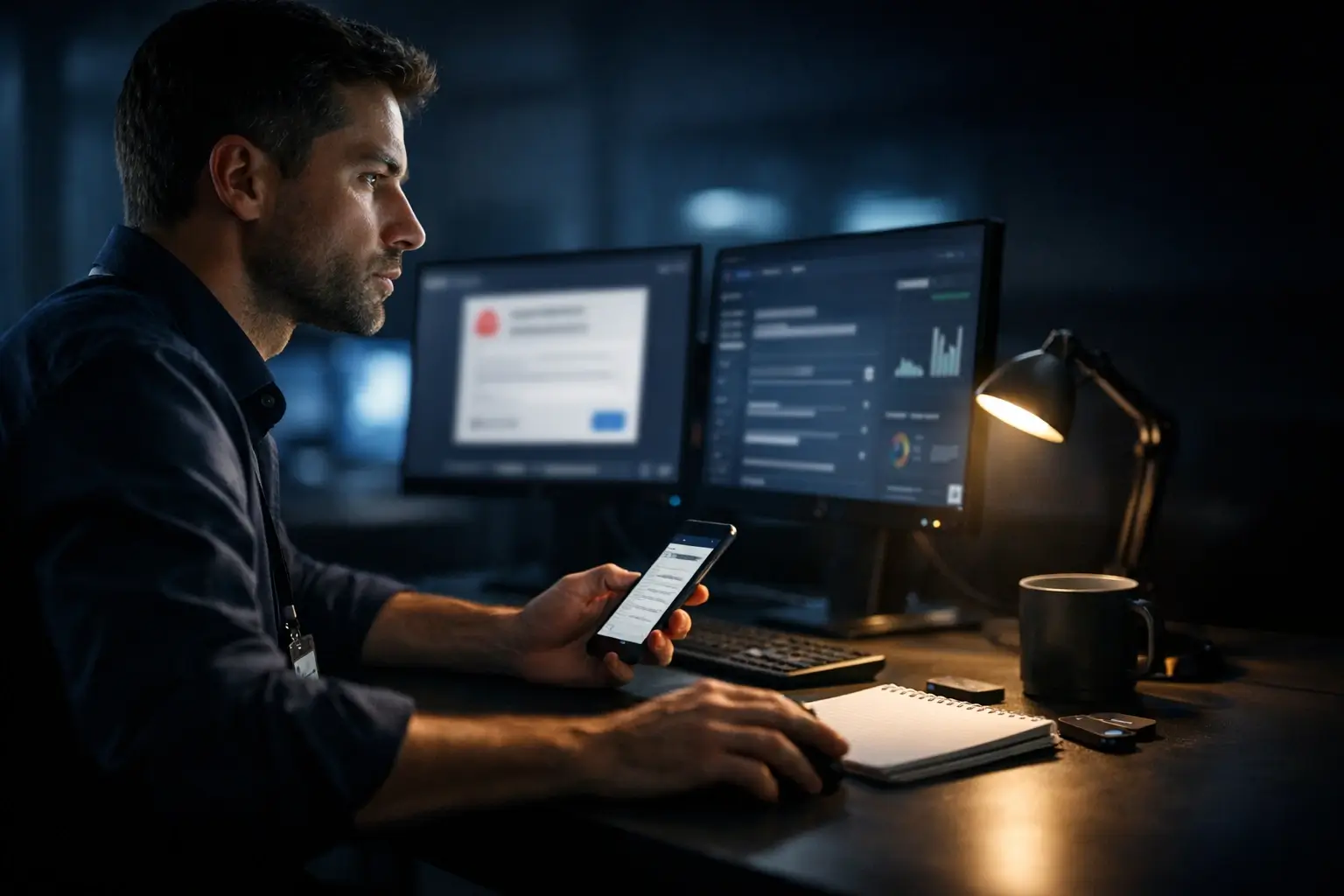 Security analyst watching sign-in alerts on computer screens