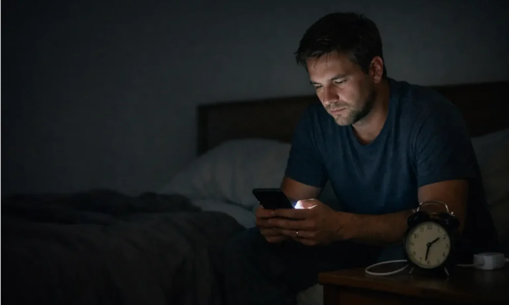 Person sitting on a bed at night while looking at a phone