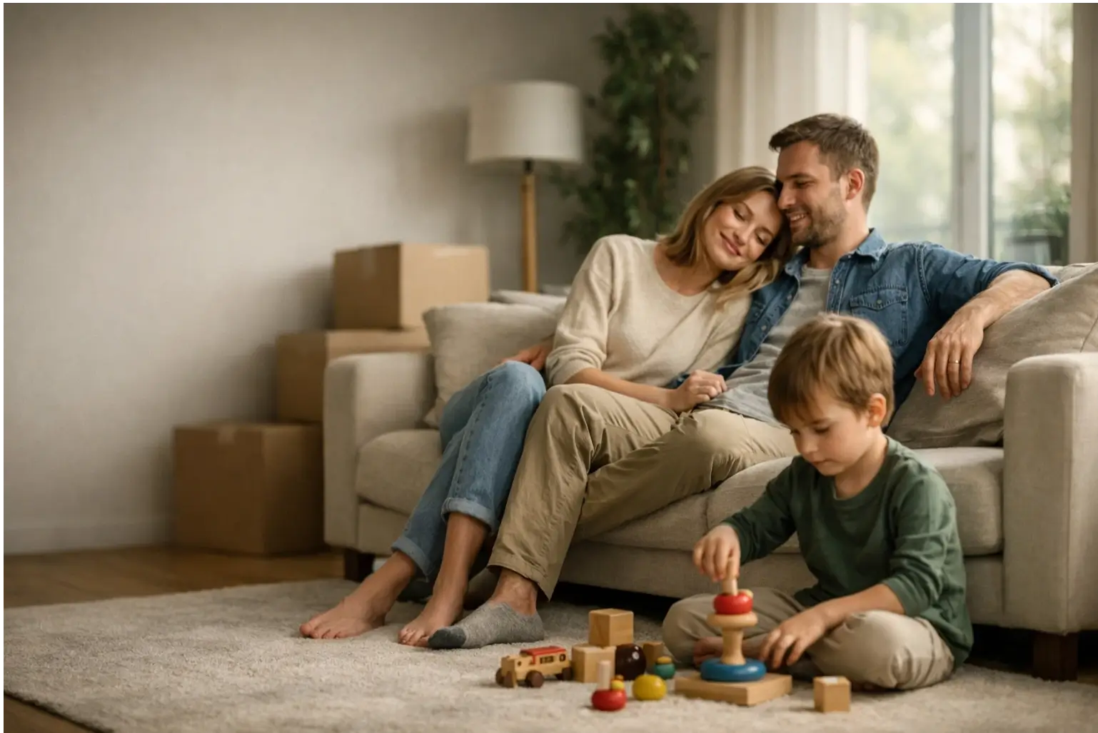 Family relaxing in a modern rented apartment
