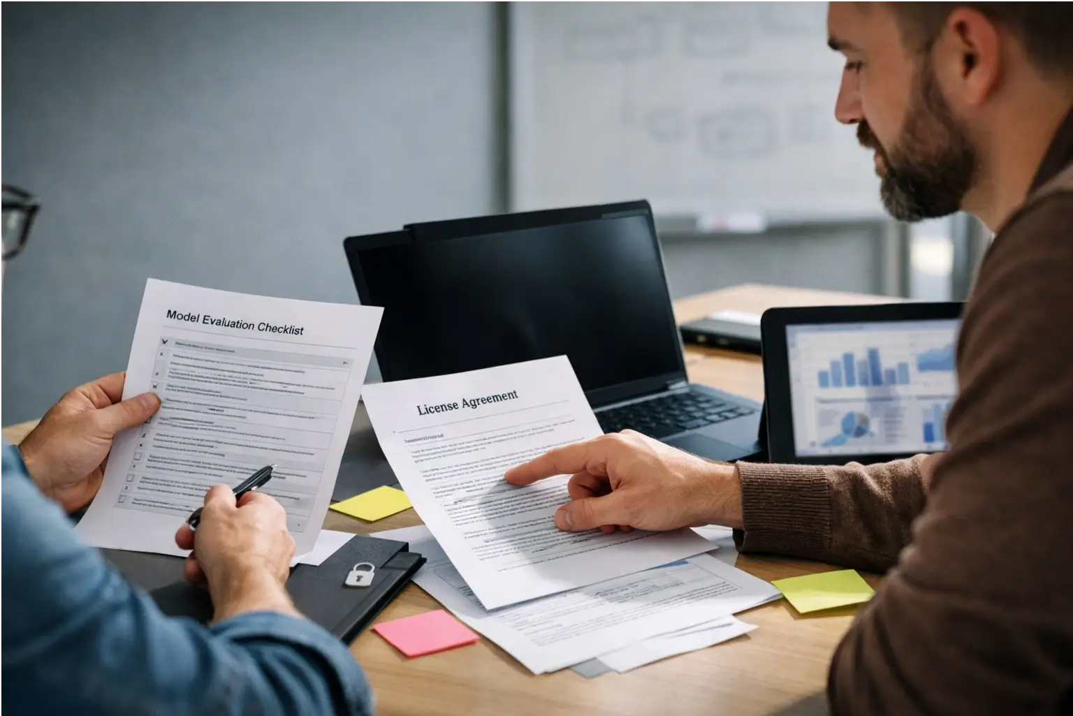 Team reviewing AI licensing and safety checks in a meeting room.