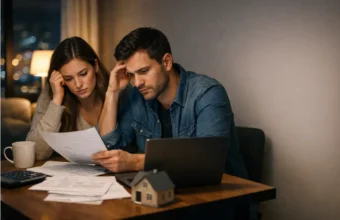 Young couple reviewing home buying costs at a table