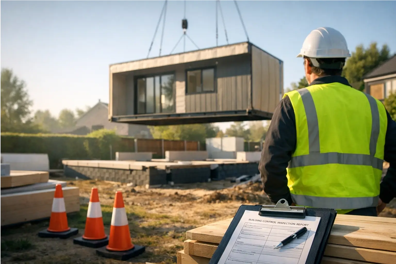 A modular home unit being placed on a UK building site