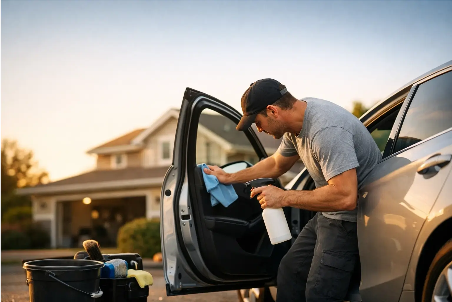 Person cleaning a car for a mobile side hustle job