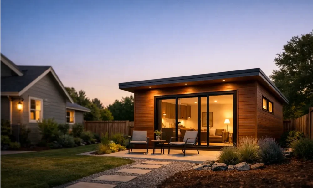 A modern backyard ADU behind a main house