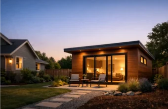 A modern backyard ADU behind a main house